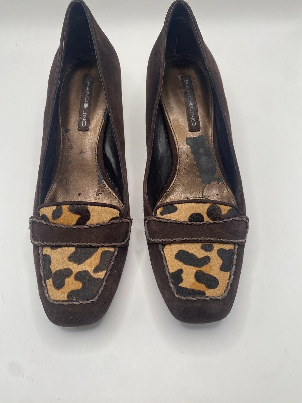 Bandolino Womens 8M Brown Suede Leopard Print Loafers Slip On Heel Animal Print